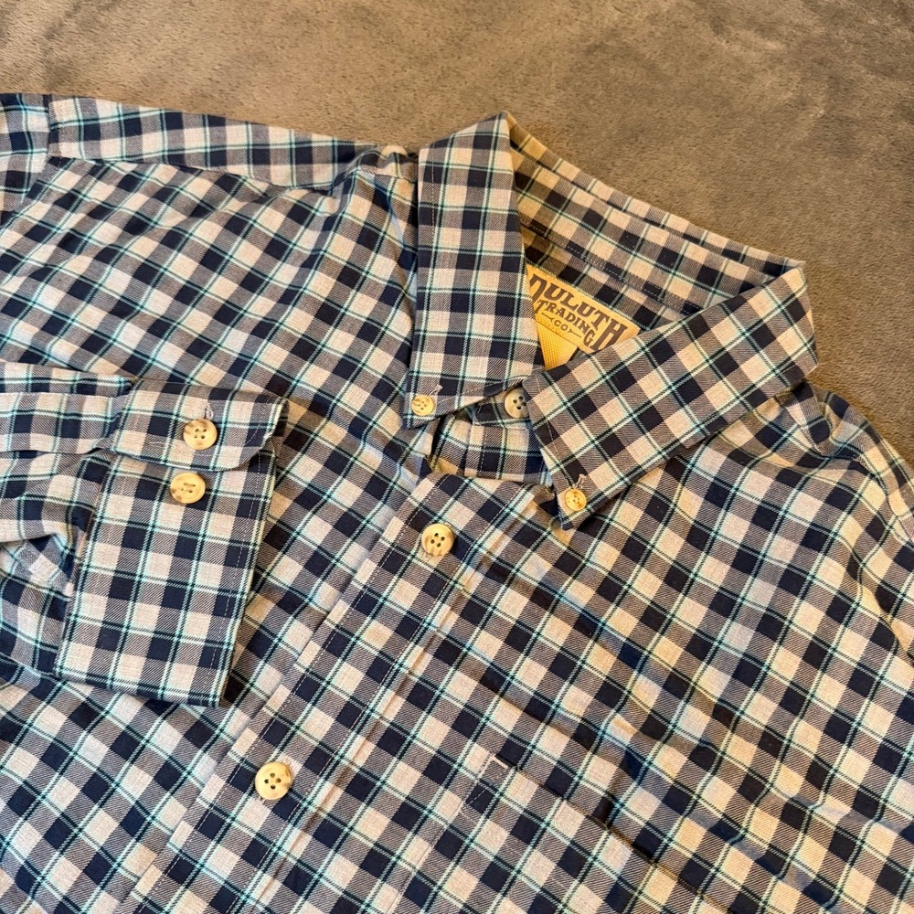 Duluth Trading Co Plaid Button Down Shirt Mens Large Blue Cotton Wool Blend